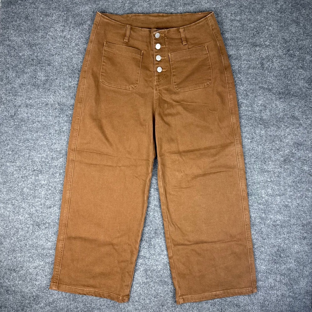 Sidefeel Womens Brown Wide Leg High Rise Button Fly Crop Pants Jeans Size 12